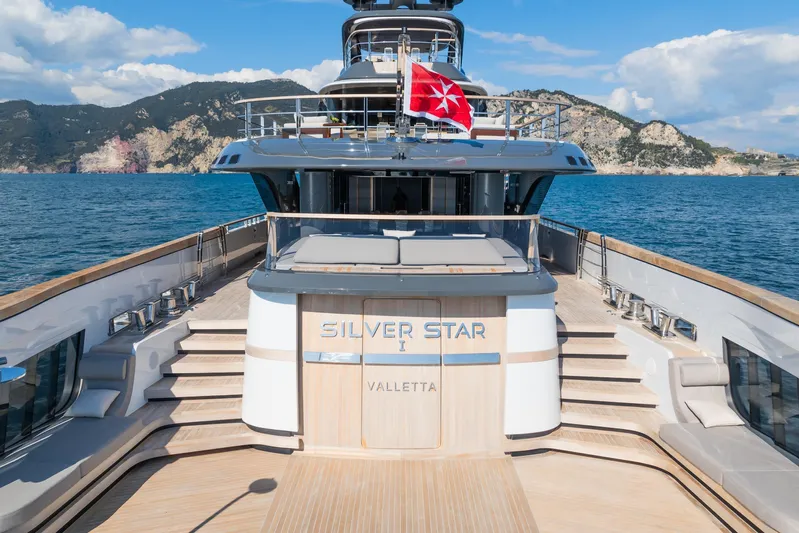 Silver Star I Yacht Photos Pics Luxury yacht Admiral 55 S-Force 2023, Silver Star, docked with scenic coastal backdrop.