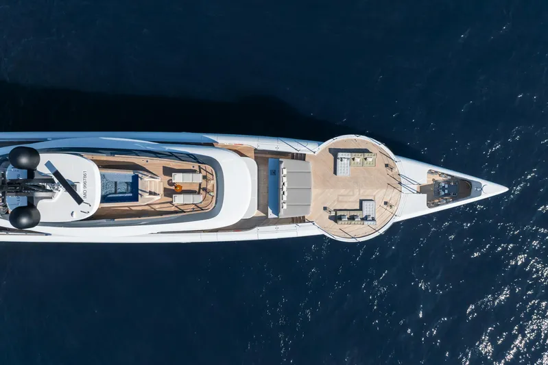 Silver Star I Yacht Photos Pics Aerial view of 2023 Admiral 55 S-Force yacht on deep blue sea.