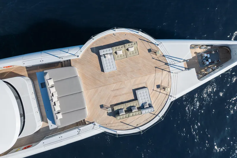 Silver Star I Yacht Photos Pics Aerial view of 2023 Admiral 55 S-Force yacht deck with seating areas.