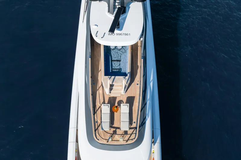 Silver Star I Yacht Photos Pics Aerial view of 2023 Admiral 55 S-Force yacht with sun deck and pool.