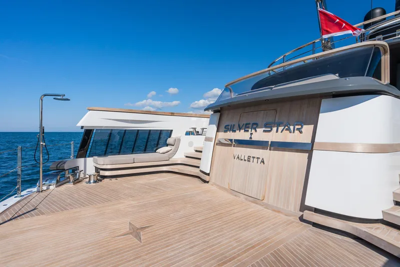 Silver Star I Yacht Photos Pics Luxurious 2023 Admiral 55 S-Force yacht deck with elegant wood finish and ocean view.