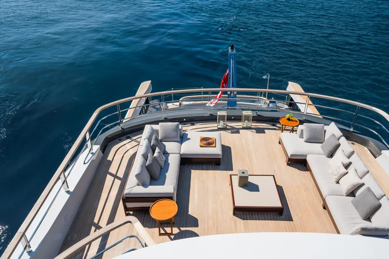 Silver Star I Yacht Photos Pics Luxurious 2023 Admiral 55 S-Force yacht deck with elegant seating and ocean view.