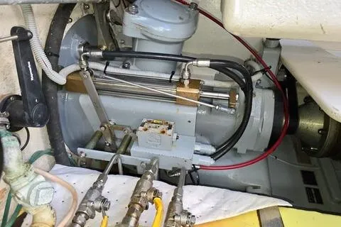 Maestro Yacht Photos Pics Engine compartment of 2006 Lyman-Morse 38 Jet Boat, showcasing mechanical components.