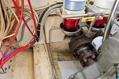 Maestro Yacht Photos Pics Engine compartment of 2006 Lyman-Morse 38 Jet Boat with visible wiring and components.