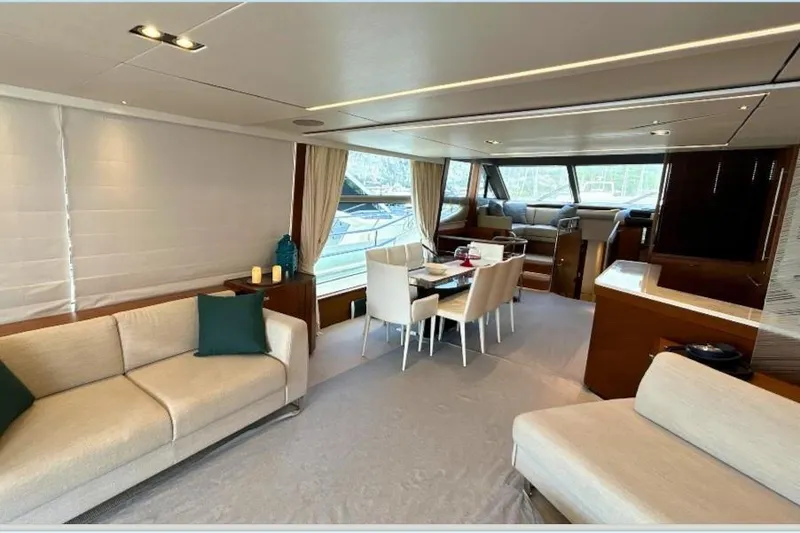  Yacht Photos Pics Luxurious interior of 2020 Princess Y78 yacht with elegant seating and dining area.