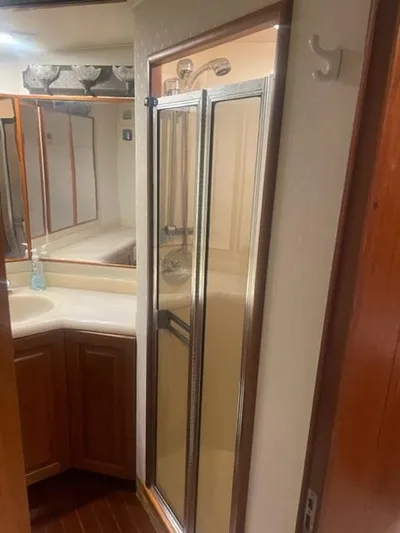 Dry-hydro Yacht Photos Pics 1990 Viking Convertible bathroom with shower, wooden cabinetry, and mirrored surfaces.