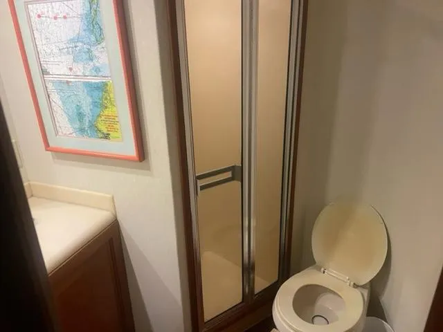 Dry-hydro Yacht Photos Pics Bathroom interior of a 1990 Viking Convertible yacht with shower and toilet.