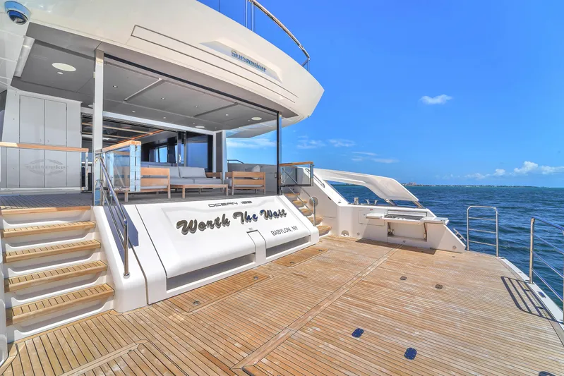 Worth The Wait Yacht Photos Pics 2024 Sunseeker Ocean 182 yacht with spacious deck and ocean view.
