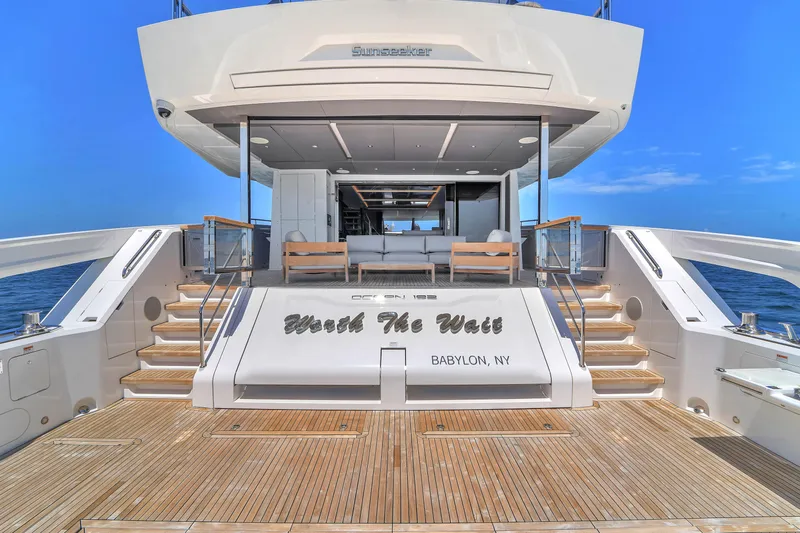 Worth The Wait Yacht Photos Pics 2024 Sunseeker Ocean 182 yacht with elegant deck and luxurious interior.