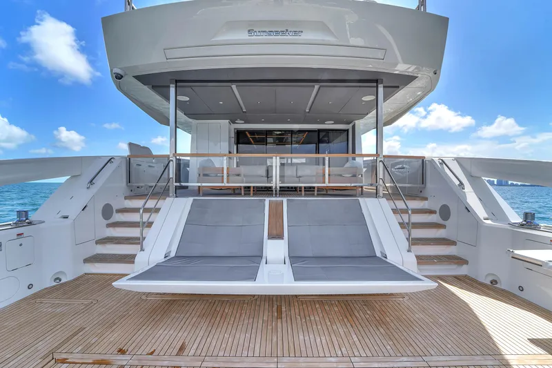 Worth The Wait Yacht Photos Pics 2024 Sunseeker Ocean 182 yacht with luxurious deck and seating, under a clear blue sky.
