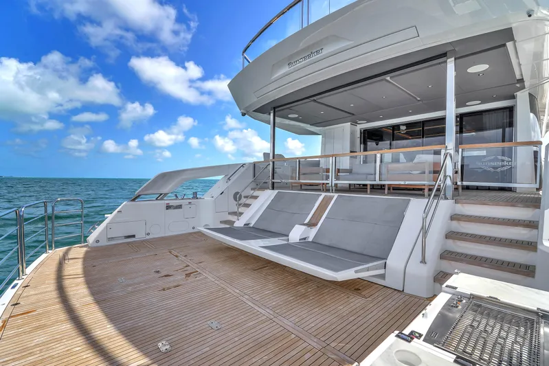 Worth The Wait Yacht Photos Pics 2024 Sunseeker Ocean 182 yacht deck with luxurious seating and ocean view.