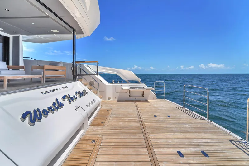 Worth The Wait Yacht Photos Pics Luxurious 2024 Sunseeker Ocean 182 yacht with spacious deck overlooking the ocean.