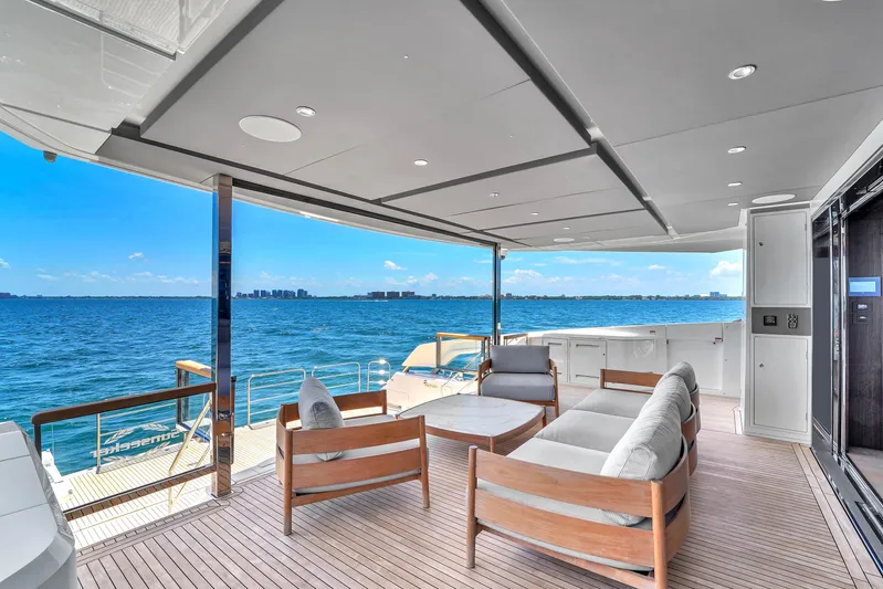 Worth The Wait Yacht Photos Pics Luxurious 2024 Sunseeker Ocean 182 yacht deck with ocean view and elegant seating.