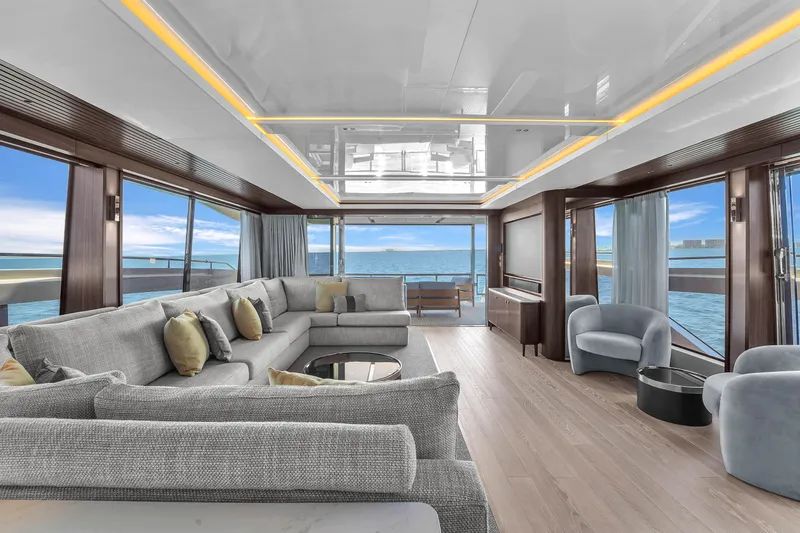 Worth The Wait Yacht Photos Pics Luxurious interior of 2024 Sunseeker Ocean 182 yacht with panoramic ocean views.