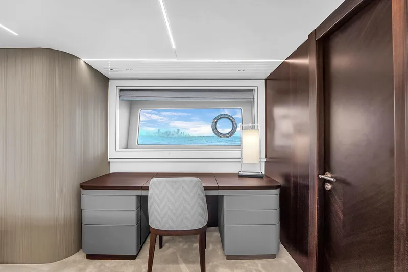 Worth The Wait Yacht Photos Pics Luxurious office space on 2024 Sunseeker Ocean 182 yacht with ocean view.