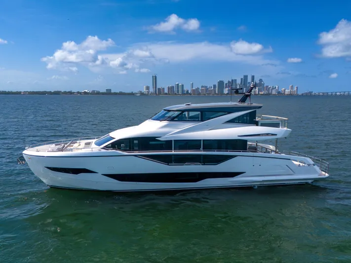 Worth The Wait Yacht Photos Pics 2024 Sunseeker Ocean 182 yacht cruising on open water with city skyline backdrop.