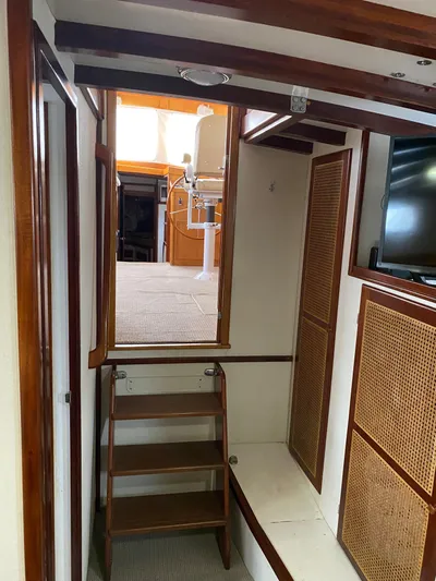 Lord Stanley Yacht Photos Pics 1988 Lyman-Morse Jarvis Newman Lobster Cruiser interior with wooden accents and aft cabin.