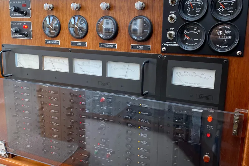 Lord Stanley Yacht Photos Pics Control panel of 1988 Lyman-Morse Jarvis Newman Lobster Style Cruiser with gauges and switches.