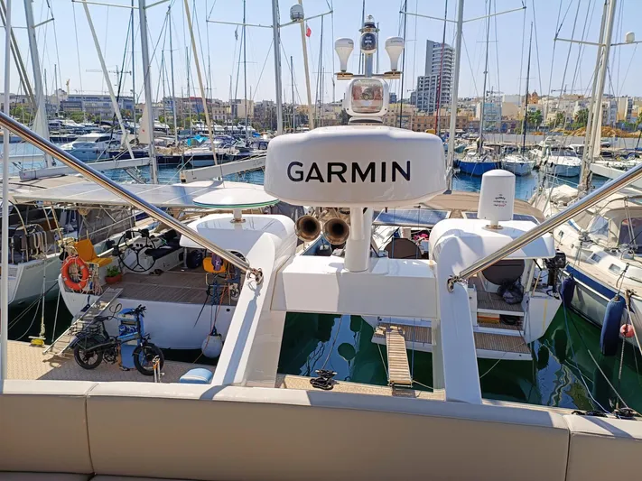 Waypoint Yacht Photos Pics 2024 Fairline Squadron 50 yacht with Garmin equipment, docked in a busy marina.