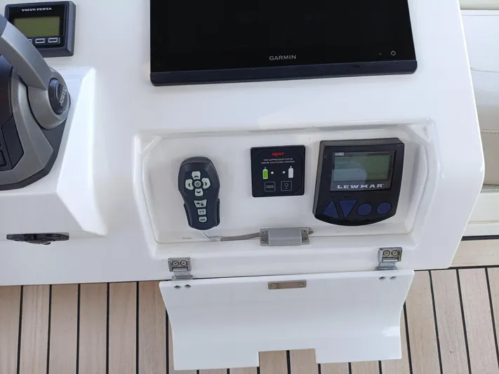 Waypoint Yacht Photos Pics Control panel of 2024 Fairline Squadron 50 yacht with Garmin display and navigation controls.