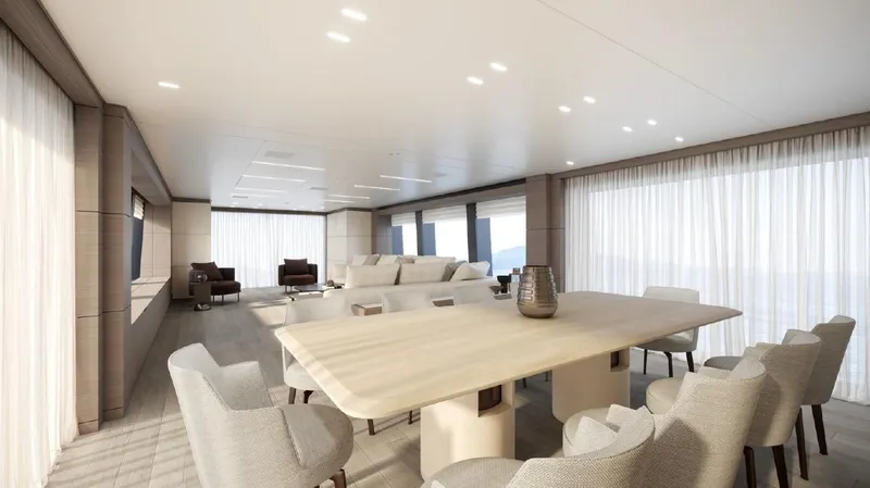 Cl Navetta 42-14 Yacht Photos Pics Luxurious interior of 2025 Custom Line NAVETTA 42 yacht, featuring elegant dining and seating area.