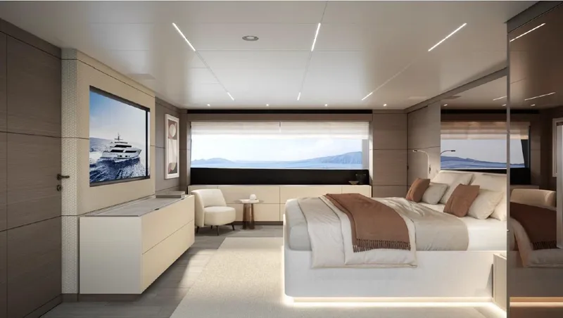 Cl Navetta 42-14 Yacht Photos Pics Luxurious bedroom interior of 2025 Custom Line NAVETTA 42 yacht, featuring modern design and large windows.