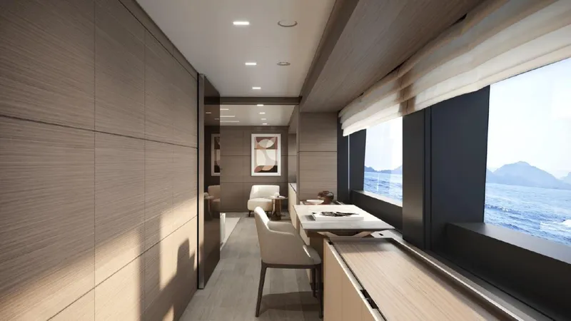 Cl Navetta 42-14 Yacht Photos Pics Luxurious interior of 2025 Custom Line NAVETTA 42 yacht with ocean view windows.