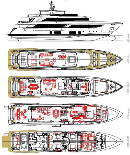 Cl Navetta 42-14 Yacht Photos Pics Custom Line NAVETTA 42 yacht blueprint, 2025 model, showcasing detailed deck layouts and side profile.