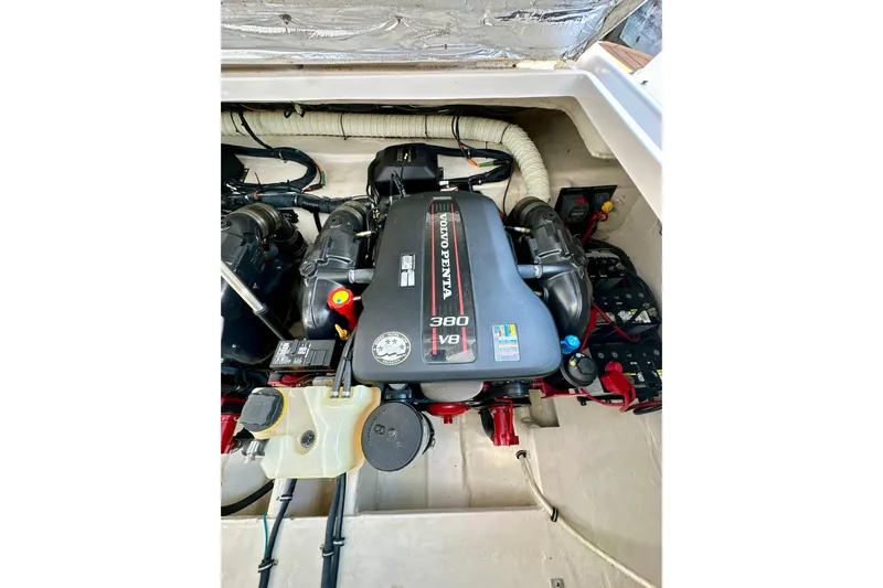 Carpe Diem Yacht Photos Pics Engine compartment of a 2015 Rinker 340 Express Cruiser with Volvo Penta V8 engine.