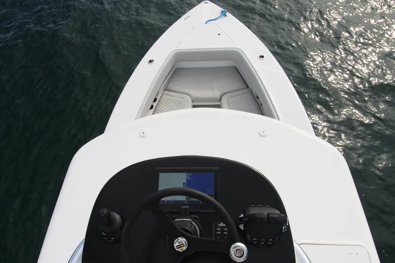  Yacht Photos Pics 2019 Jupiter 30 HFS boat dashboard and bow on water.