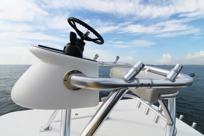  Yacht Photos Pics 2019 Jupiter 30 HFS boat helm with ocean backdrop and clear sky.