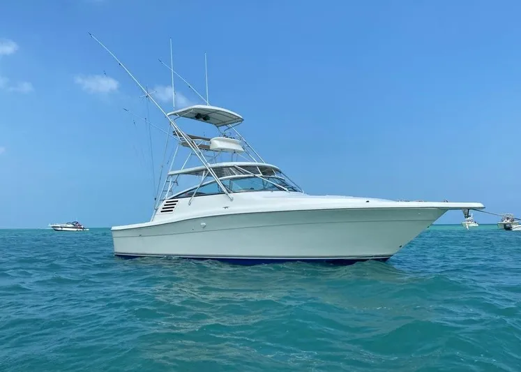 Vamonos Yacht Photos Pics 2001 Sea Ray 340 Amberjack boat on clear blue water under a sunny sky.