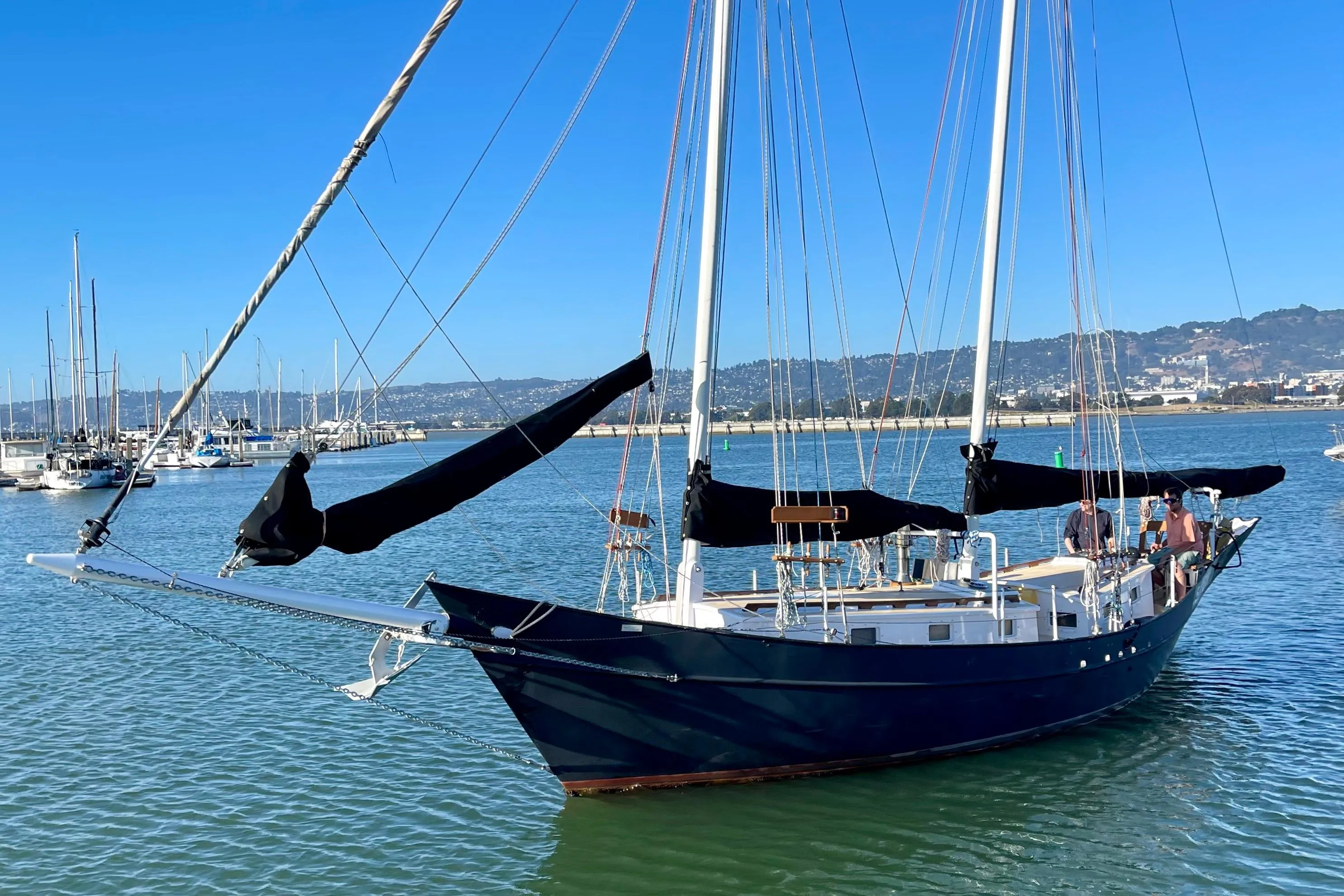 Sailboat "Pinky Custom 2008" docked in a marina with clear blue skies.
