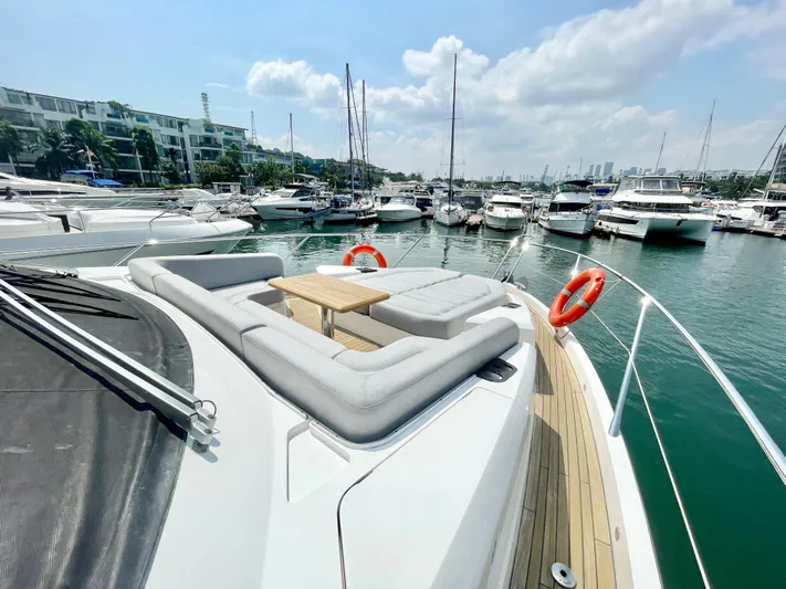 Excellence Yacht Photos Pics Luxurious 2019 Sunseeker Manhattan 66 yacht docked in a marina under a clear sky.