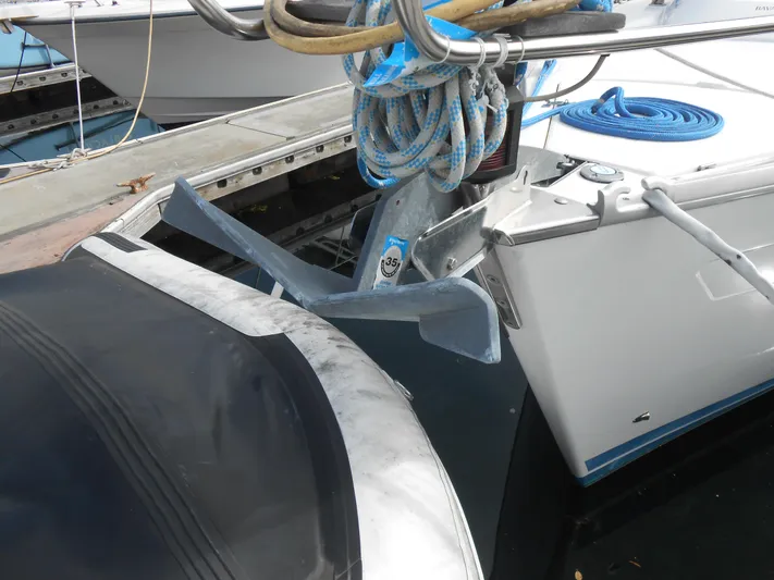 Pilitak Yacht Photos Pics Bavaria 37 sailboat anchor and ropes at dock, 2001 model.