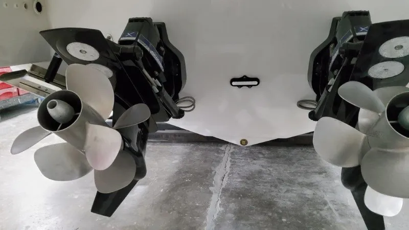  Yacht Photos Pics 2023 Formula 350 Crossover Bowrider I/O dual propellers close-up.