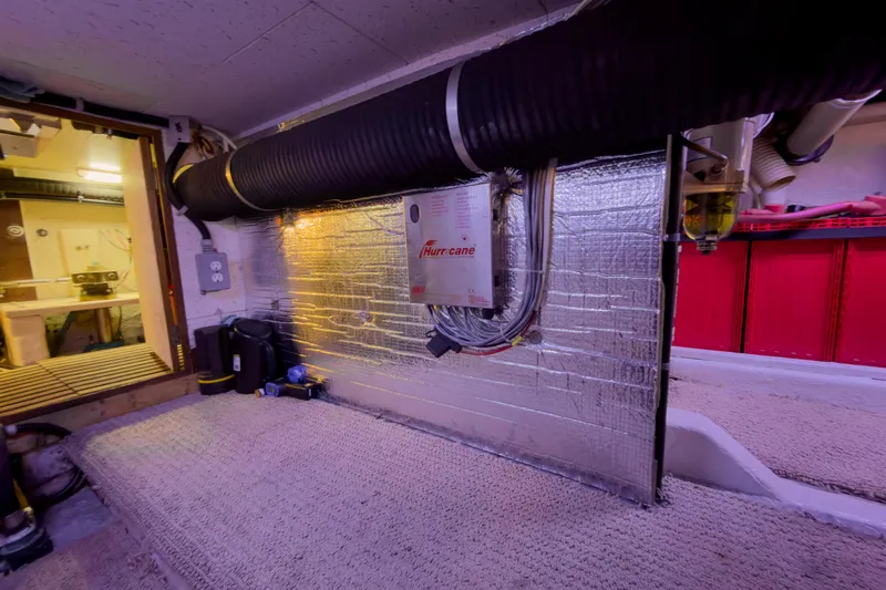 Silver Spring Yacht Photos Pics Engine room of 1985 Ocean Alexander 420 Sport Sedan with insulation and wiring.