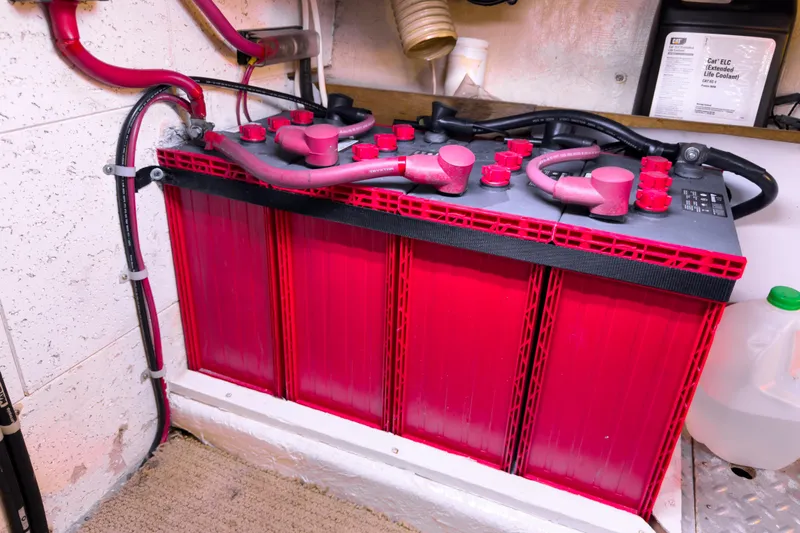 Silver Spring Yacht Photos Pics Battery compartment of 1985 Ocean Alexander 420 Sport Sedan with red battery cells.