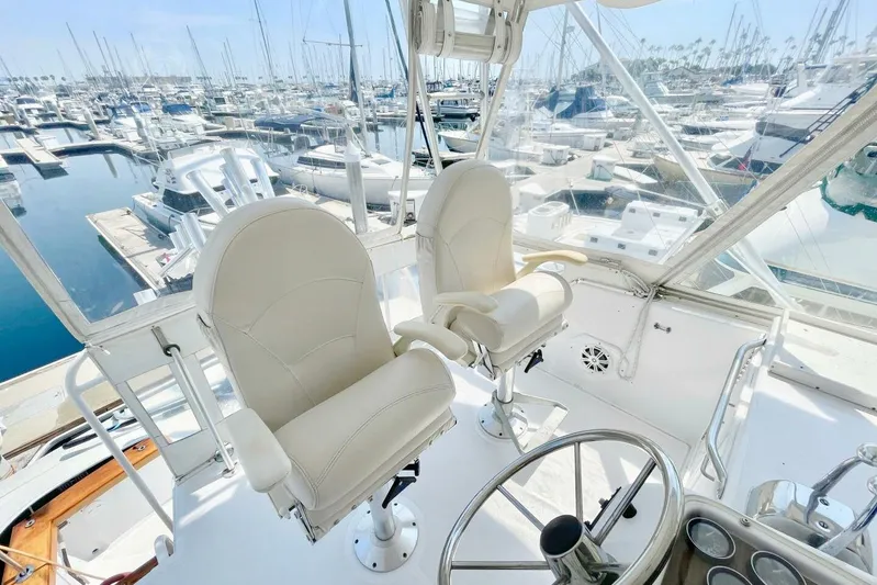 Aqua Ma'am Yacht Photos Pics Helm of 1986 Ocean 38 Super Sport yacht with marina view.