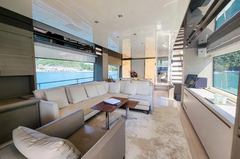  Yacht Photos Pics Luxurious interior of 2017 Sanlorenzo SL78 yacht with modern furnishings and scenic ocean view.