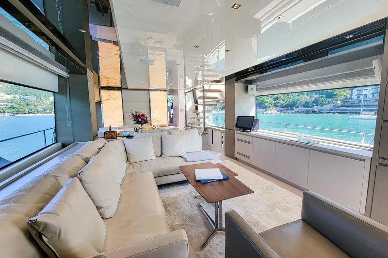  Yacht Photos Pics Luxurious interior of 2017 Sanlorenzo SL78 yacht with elegant seating and scenic ocean views.