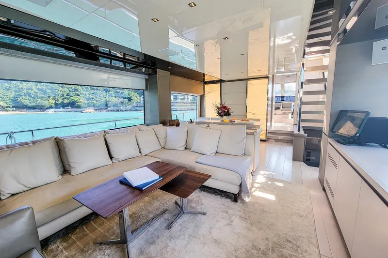  Yacht Photos Pics Luxurious interior of 2017 Sanlorenzo SL78 yacht with modern furnishings and scenic views.