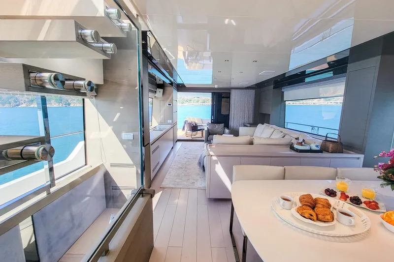  Yacht Photos Pics Luxurious interior of 2017 Sanlorenzo SL78 yacht with elegant dining and lounge area.