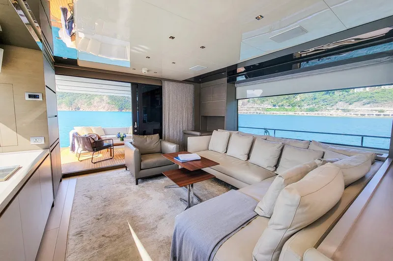  Yacht Photos Pics Luxurious interior of 2017 Sanlorenzo SL78 yacht with spacious seating and ocean view.