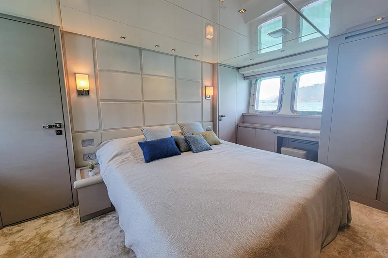  Yacht Photos Pics Luxurious bedroom interior of 2017 Sanlorenzo SL78 yacht with modern design and ocean view.