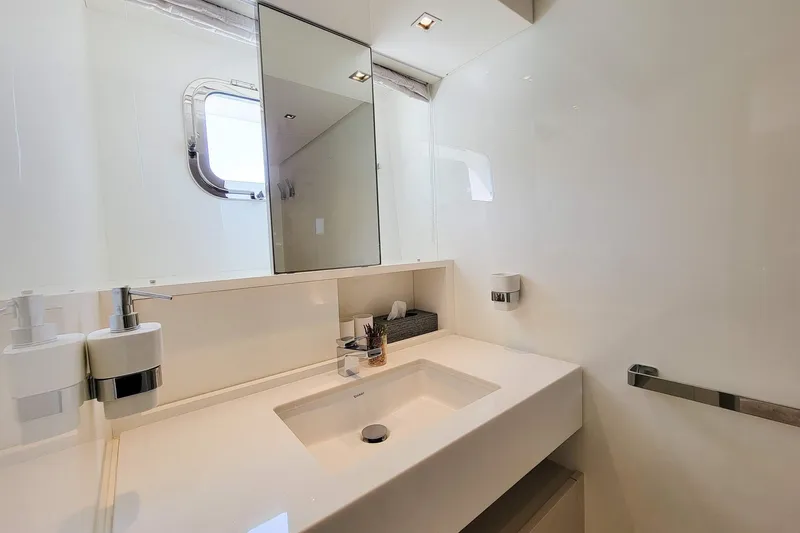  Yacht Photos Pics Luxurious bathroom on 2017 Sanlorenzo SL78 yacht with modern fixtures and sleek design.