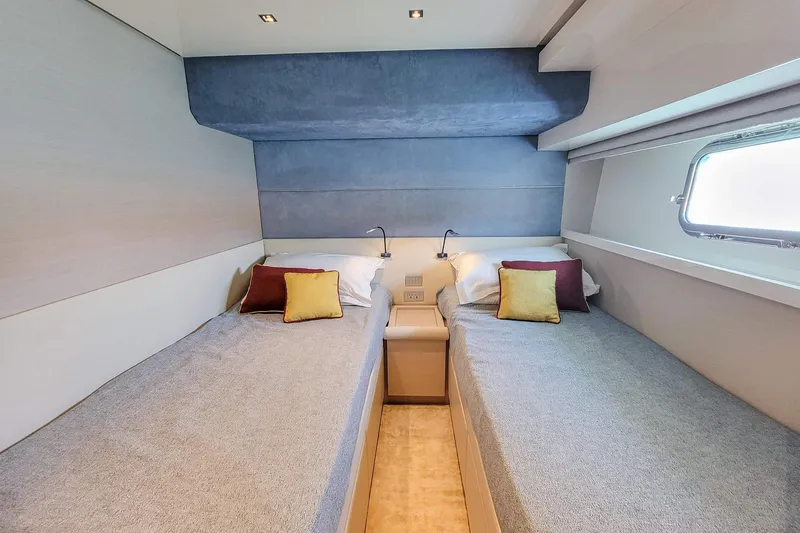  Yacht Photos Pics Twin cabin in 2017 Sanlorenzo SL78 yacht with modern decor and cozy bedding.