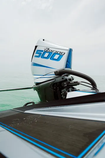  Yacht Photos Pics 2024 MTI 440X boat with Racing 500 engine on calm water.