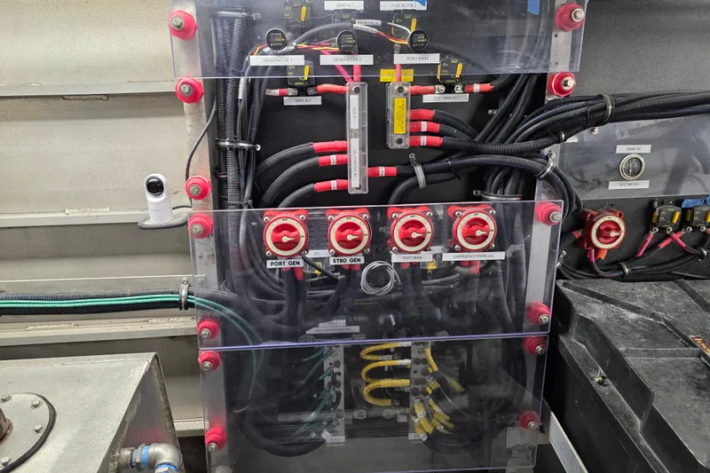 Ocean Thunder Yacht Photos Pics Electrical panel of a 1986 Gulf Craft Passenger boat with labeled switches and wiring.
