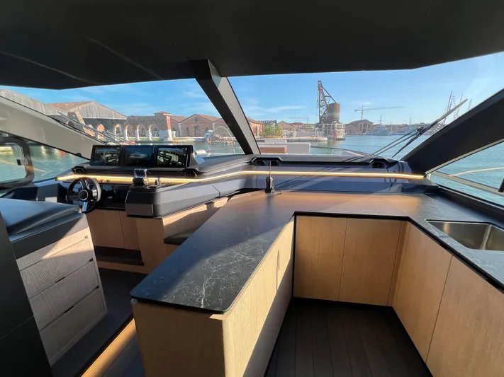  Yacht Photos Pics Interior of 2025 Astondoa AS 8 yacht with modern helm and panoramic windows.